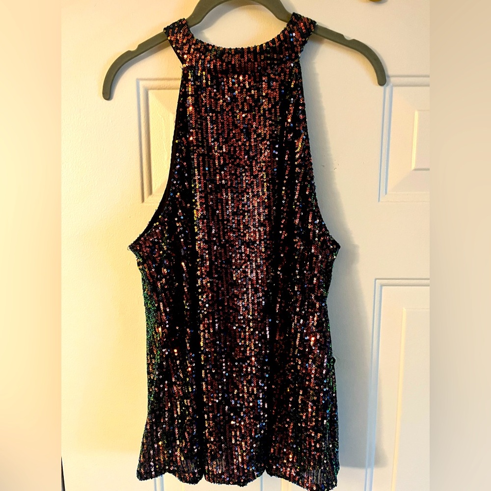 Sparkly Top | Rose Gold/Orange, Royal Blue & Green Sequins Sleeveless Top | XL